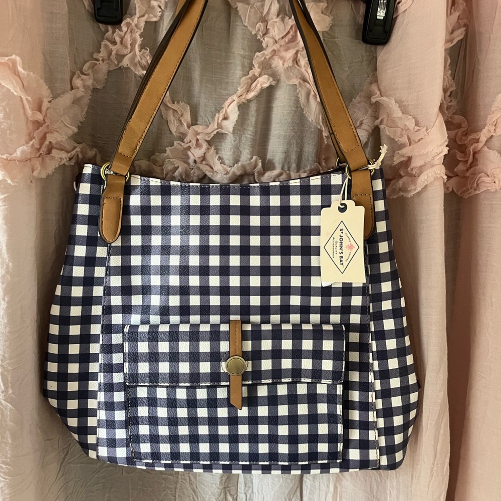 St. John's Bay Navy Checkered Shoulder Bag with Tan Straps great for summertime